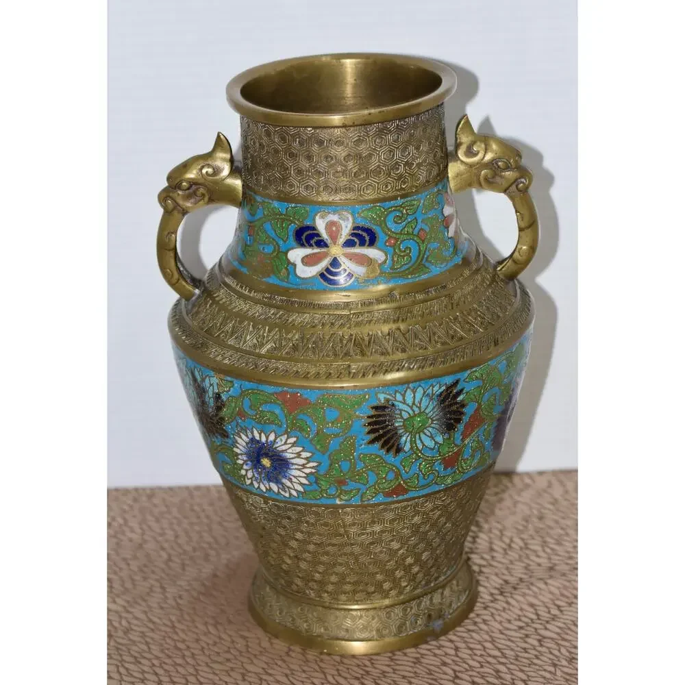Japanese Brass Champlevé Cloisonné Urn-Form with Handles Converted Lamp Vase